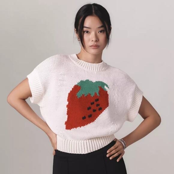 Anthropologie Maeve Strawberry The Pippa Crew-Neck Sweater Sz S - Picture 1 of 7